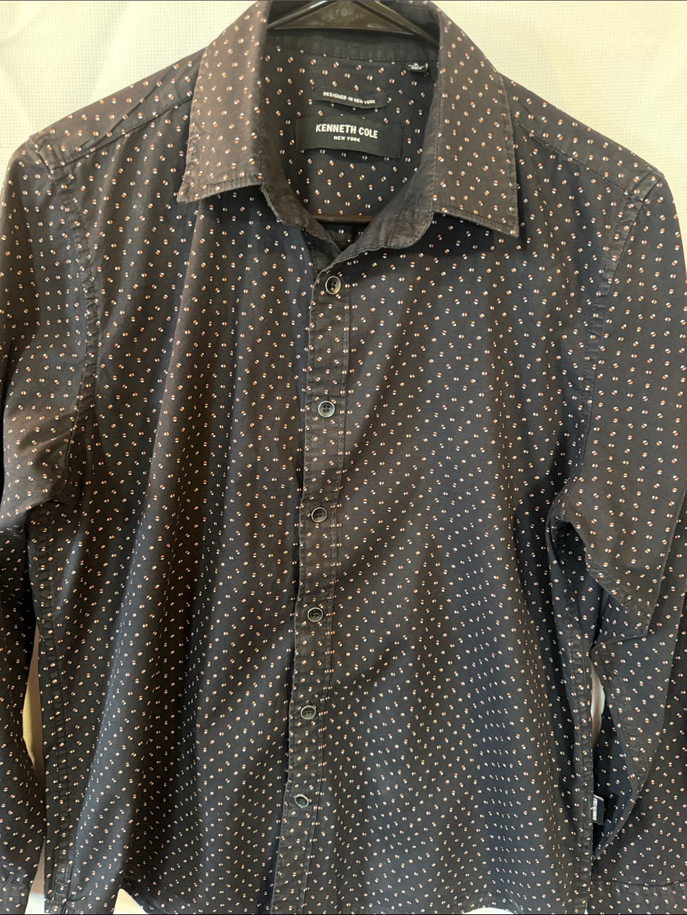 Kenneth Cole Black Button-Up Shirt with Small red and white triangle . Print